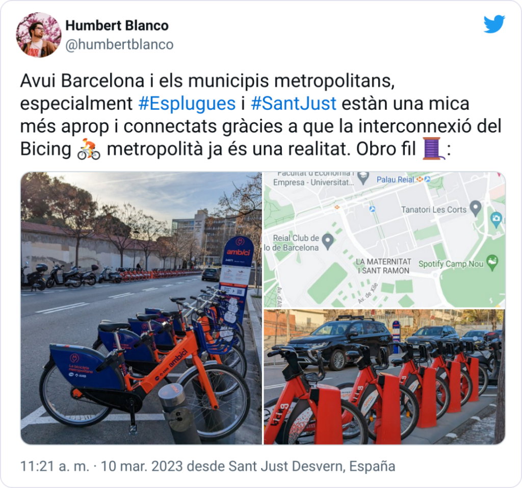 Humbert Blanco, usuari de l'AMBici expressa a Twitter la satisfacció per l'intercanviador